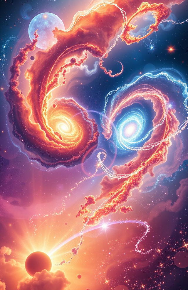 An ethereal and mesmerizing depiction of the collision of two galaxies, showcasing vibrant colors and swirling stars, creating a cosmic spectacle