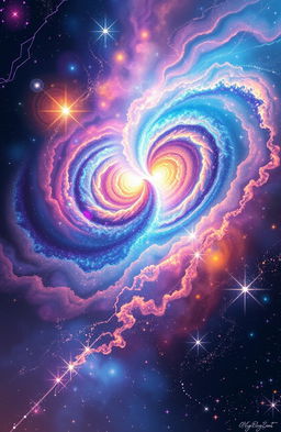 An ethereal and mesmerizing depiction of the collision of two galaxies, showcasing vibrant colors and swirling stars, creating a cosmic spectacle