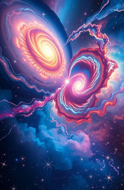 An ethereal and mesmerizing depiction of the collision of two galaxies, showcasing vibrant colors and swirling stars, creating a cosmic spectacle