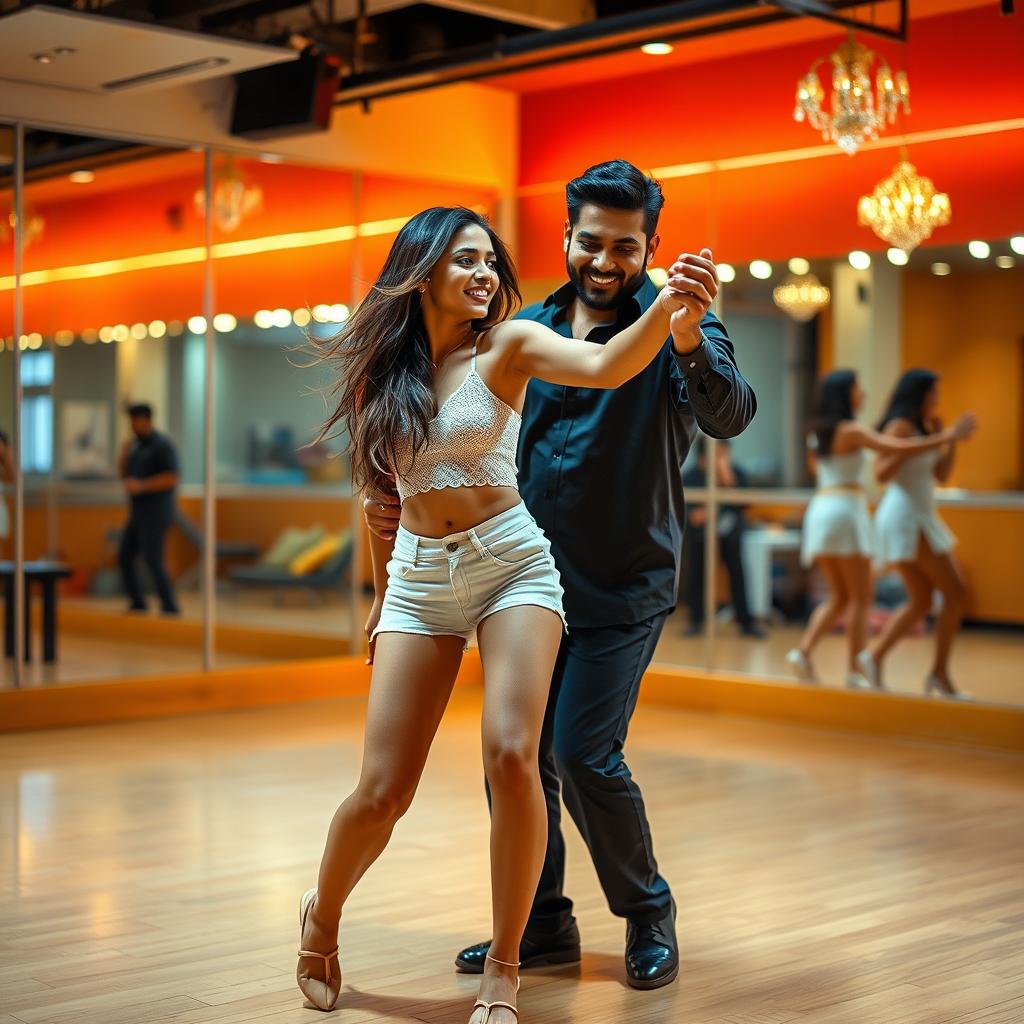 An energetic and joyful scene featuring an 18-year-old Pakistani girl engaging in bachata dance with a Pakistani man