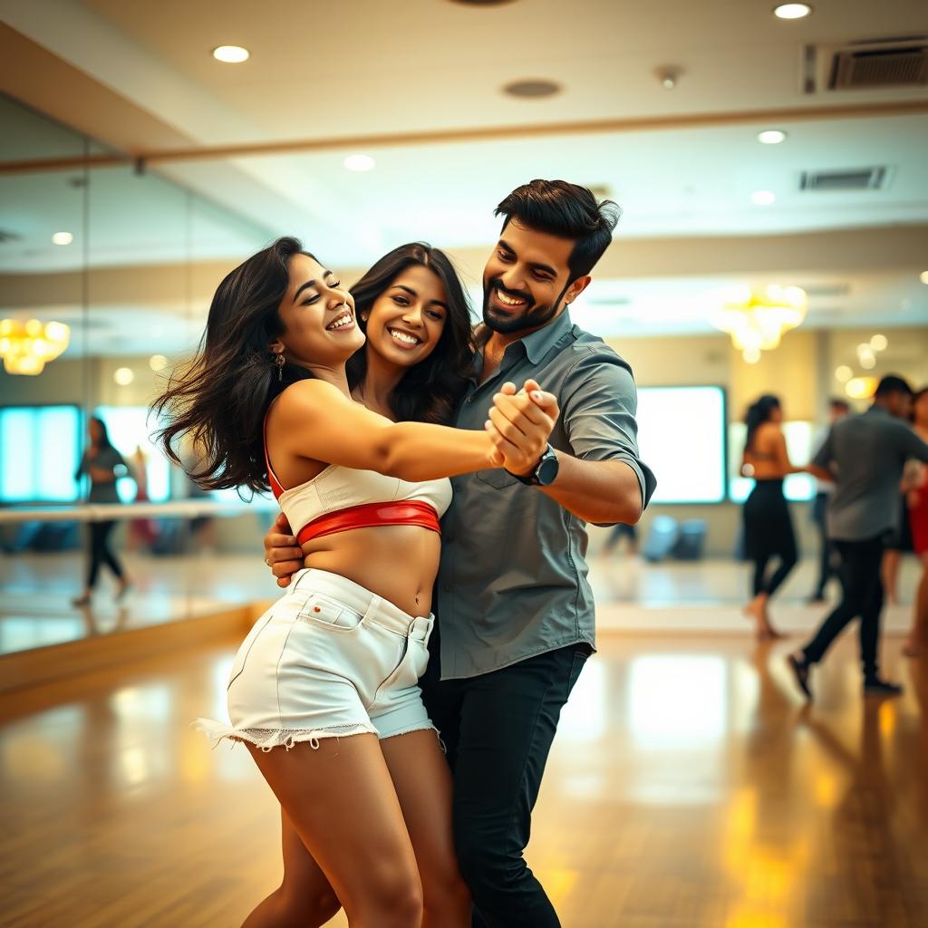 A vibrant moment capturing an 18-year-old Pakistani girl and a Pakistani man dancing bachata together