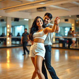 A vibrant moment capturing an 18-year-old Pakistani girl and a Pakistani man dancing bachata together