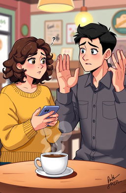 A depiction of two individuals engaged in a conversation, but with expressions of confusion and misunderstanding