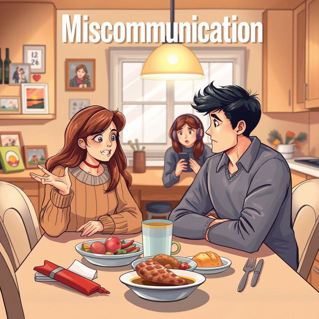 A book cover illustration depicting a family scene centered around miscommunication