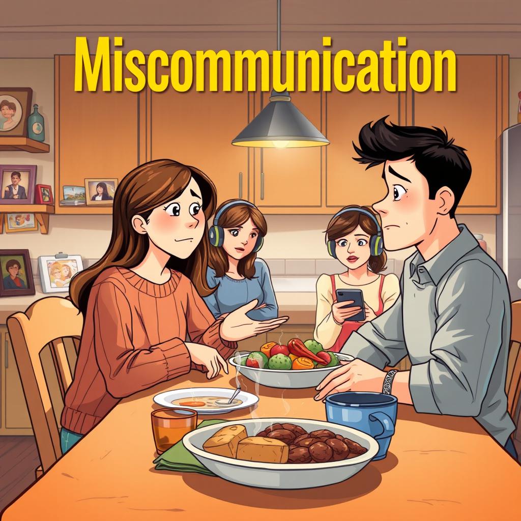 A book cover illustration depicting a family scene centered around miscommunication