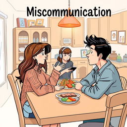 A book cover illustration depicting a family scene centered around miscommunication