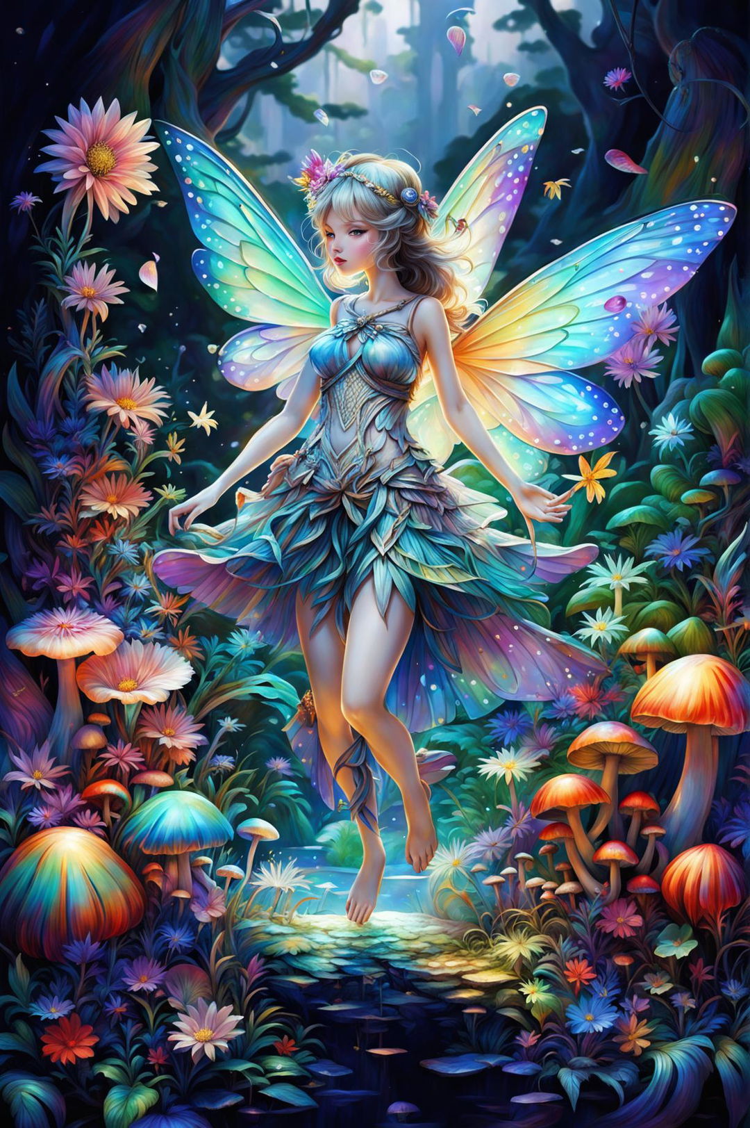 A high-quality digital art piece featuring a graceful fairy surrounded by an array of flora including chrysanthemums, mushrooms, and pine trees