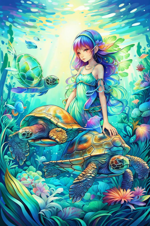 A high-quality digital art piece depicting a fairy and a turtle in a serene seascape