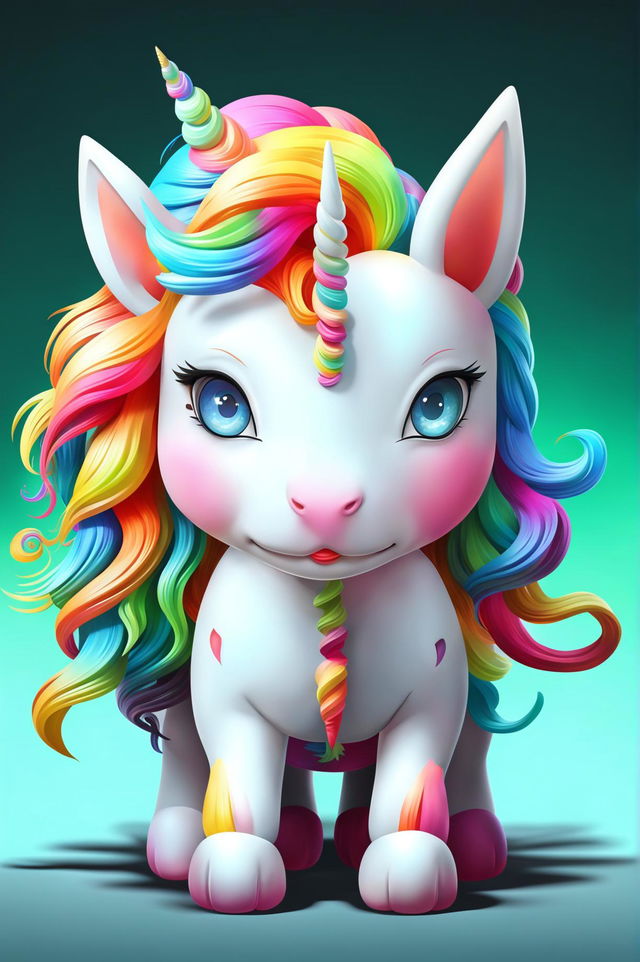 A high-quality digital art image of a unicorn emoji, boasting a white coat, rainbow-colored mane and tail, and a golden horn