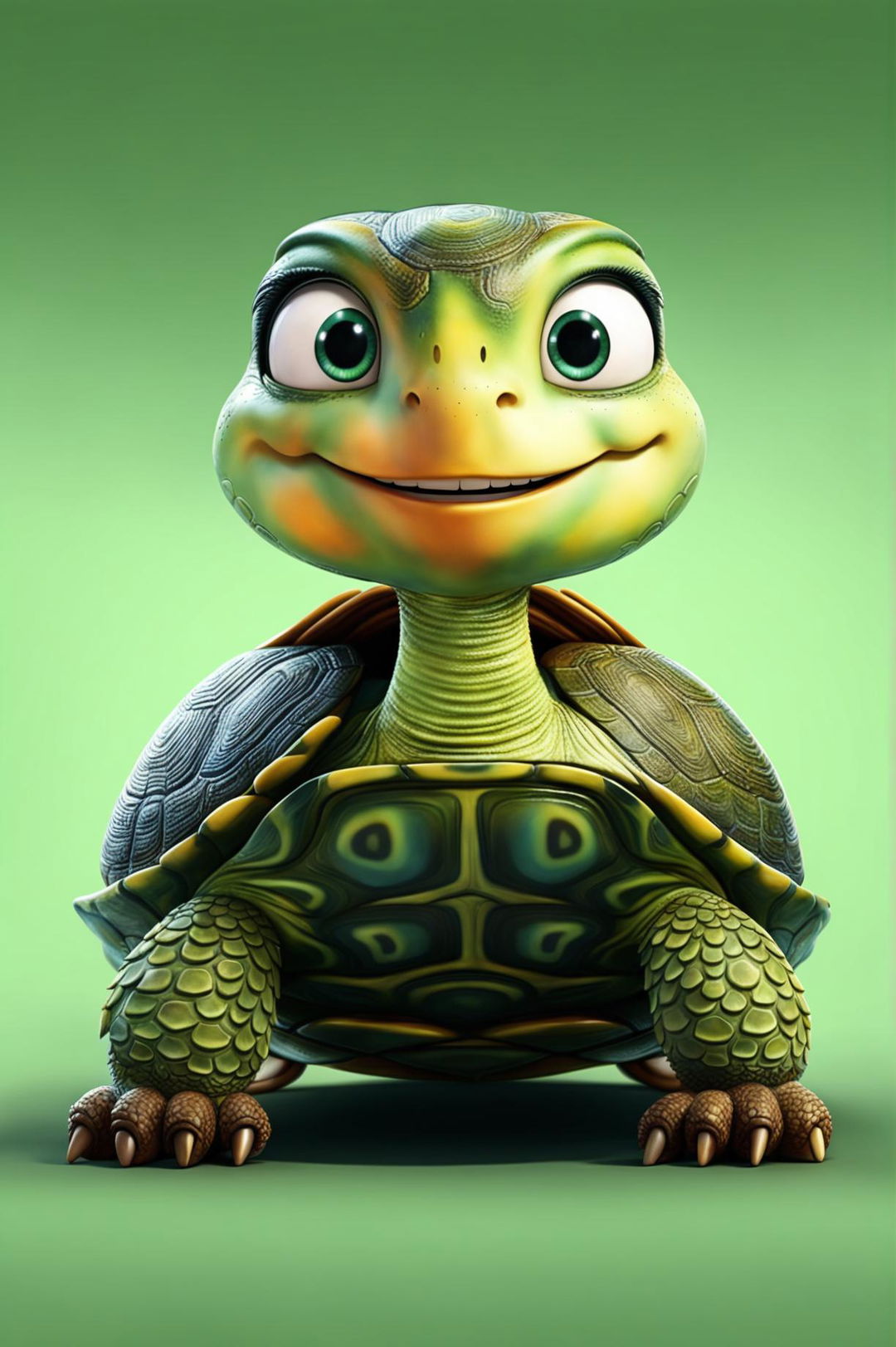 A high-quality digital image presenting a cartoonish turtle emoji with a green shell, large expressive eyes, and a calm demeanor