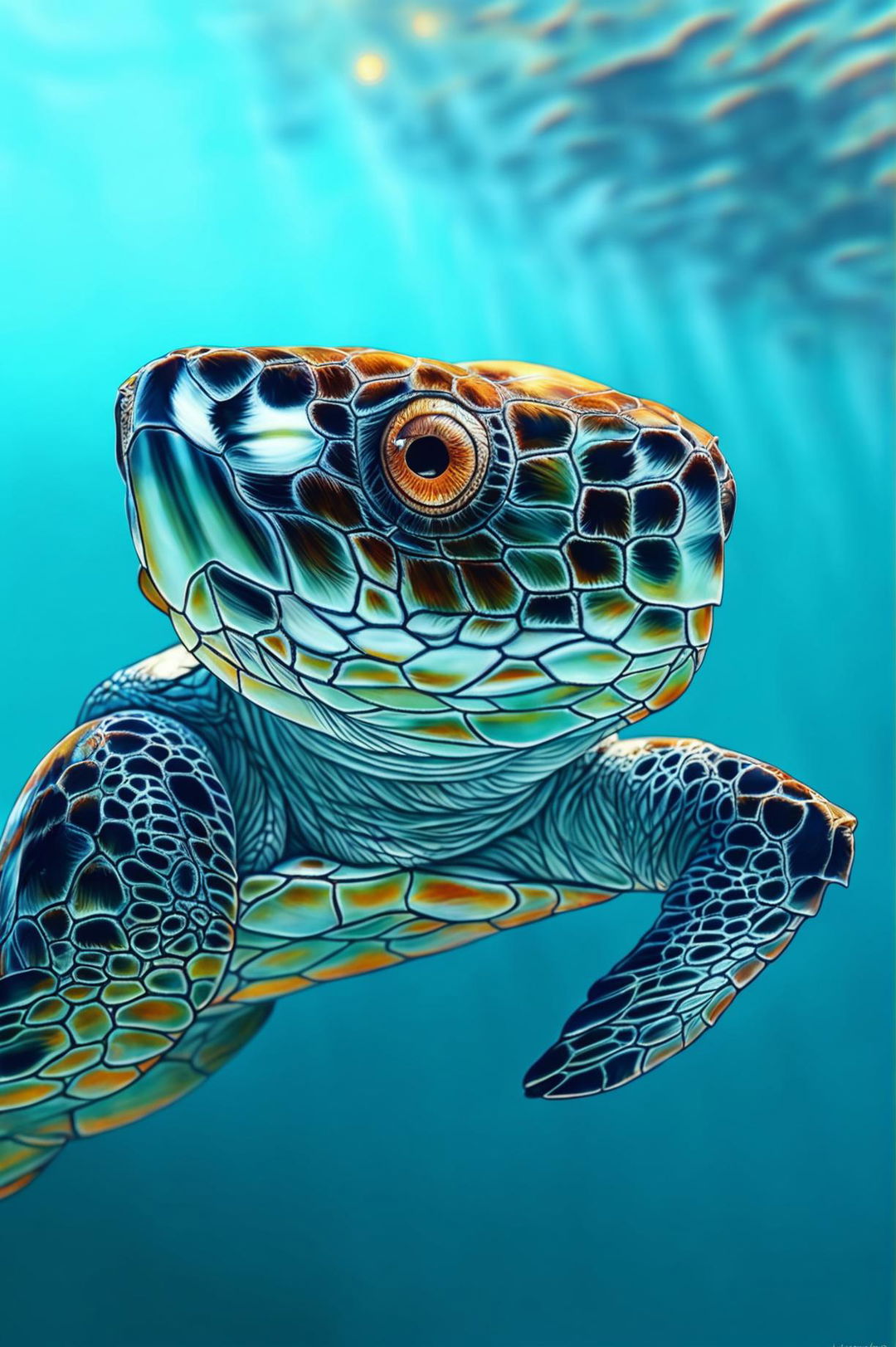 This is a high-quality digital art image featuring a detailed and lifelike turtle swimming upwards towards the surface of the water