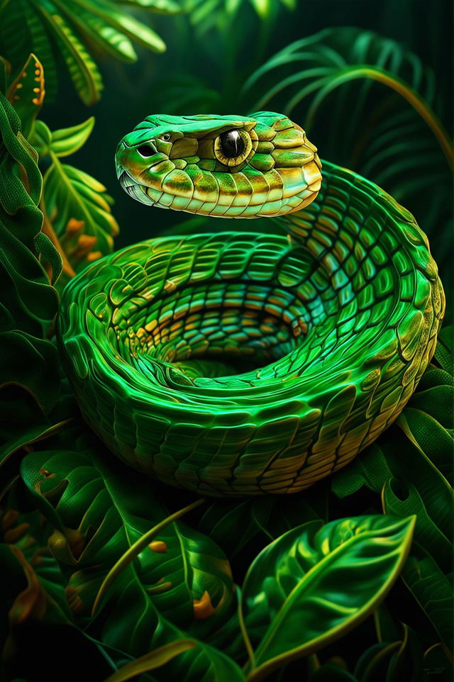 This is a high-quality digital art image featuring a strikingly realistic snake, with shimmering green scales and piercing yellow eyes, coiled in a dynamic pose