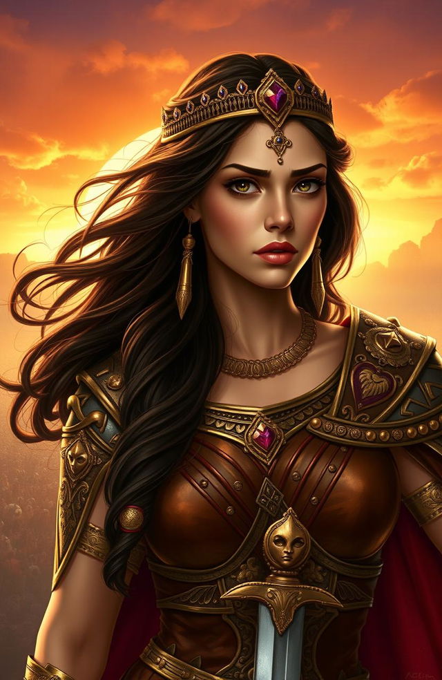 A portrait of Zenobia, a beautiful yet vulnerable warrior queen with long flowing dark hair and striking features