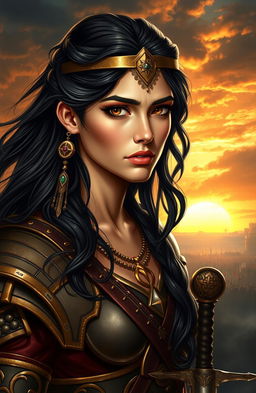 A portrait of Zenobia, a beautiful yet vulnerable warrior queen with long flowing dark hair and striking features