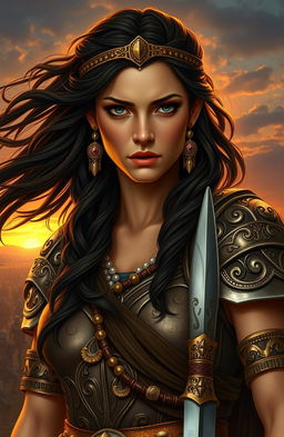 A portrait of Zenobia, a beautiful yet vulnerable warrior queen with long flowing dark hair and striking features