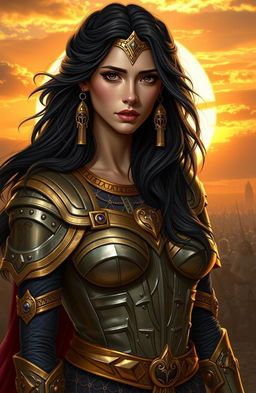 A portrait of Zenobia, a beautiful yet vulnerable warrior queen with long flowing dark hair and striking features