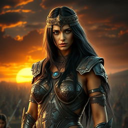 Portrait of Zenobia, a beautiful yet vulnerable warrior queen with long flowing dark hair, displaying a worried expression