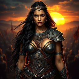Portrait of Zenobia, a beautiful yet vulnerable warrior queen with long flowing dark hair, displaying a worried expression