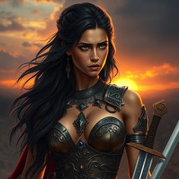 Portrait of Zenobia, a beautiful yet vulnerable warrior queen with long flowing dark hair, displaying a worried expression