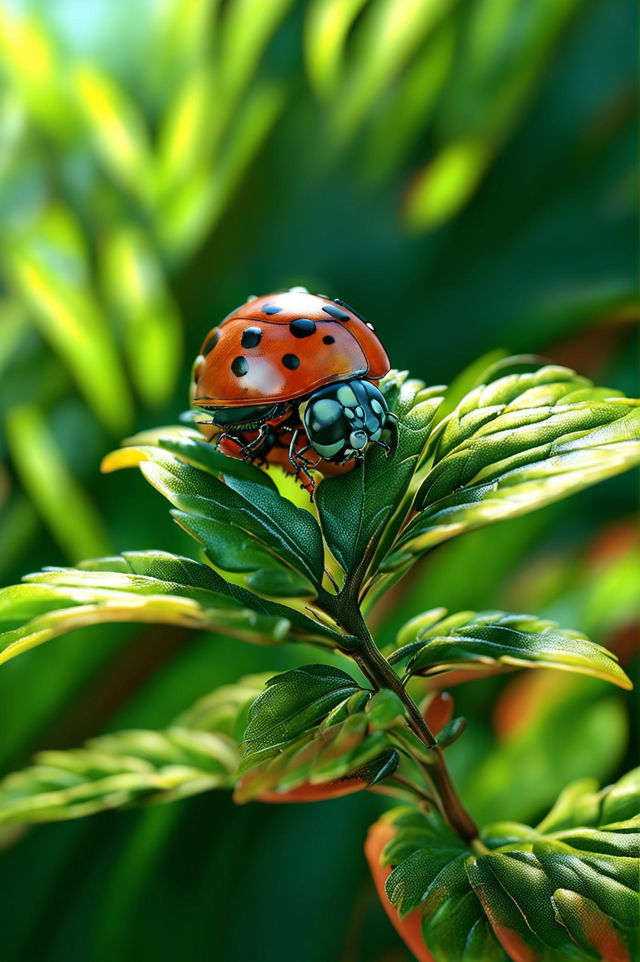 A high-quality digital art image featuring a lifelike ladybug on a green leaf