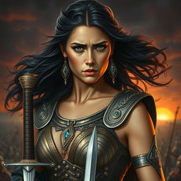 A striking portrait of Zenobia, a beautiful yet vulnerable warrior queen with flowing dark hair and captivating features