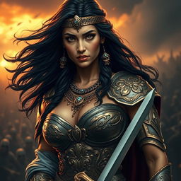 A striking portrait of Zenobia, a beautiful yet vulnerable warrior queen with flowing dark hair and captivating features