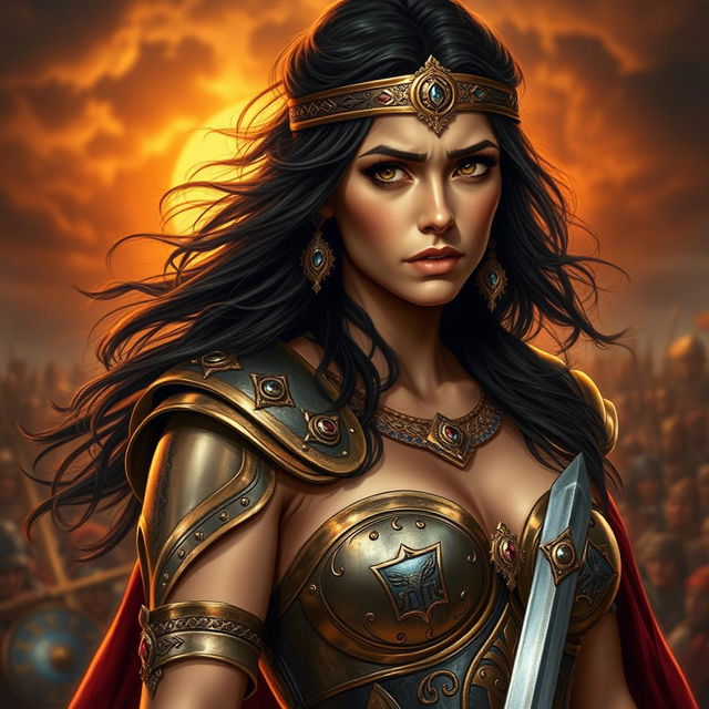 A striking portrait of Zenobia, a beautiful yet vulnerable warrior queen with flowing dark hair and captivating features