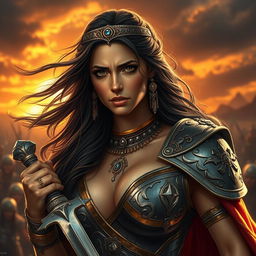 A striking portrait of Zenobia, a beautiful yet vulnerable warrior queen with flowing dark hair and captivating features