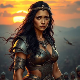 A portrait of Zenobia, a beautiful yet vulnerable warrior queen with long, flowing dark hair and captivating features
