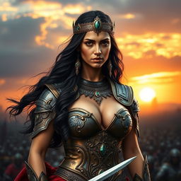A portrait of Zenobia, a beautiful yet vulnerable warrior queen with long, flowing dark hair and captivating features