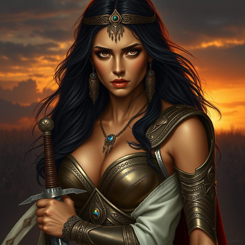 A portrait of Zenobia, a beautiful yet vulnerable warrior queen with long, flowing dark hair and captivating features