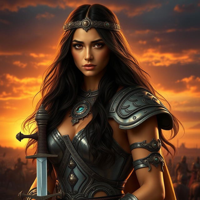 A portrait of Zenobia, a beautiful yet vulnerable warrior queen with long, flowing dark hair and captivating features