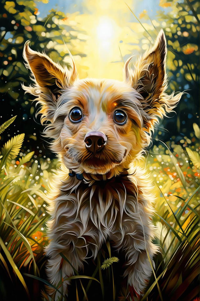 A high-quality digital painting of a dog sitting on a grassy field under the sun