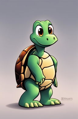 This is a high-quality digital art image of a friendly, cartoon-style turtle, depicted in a side view