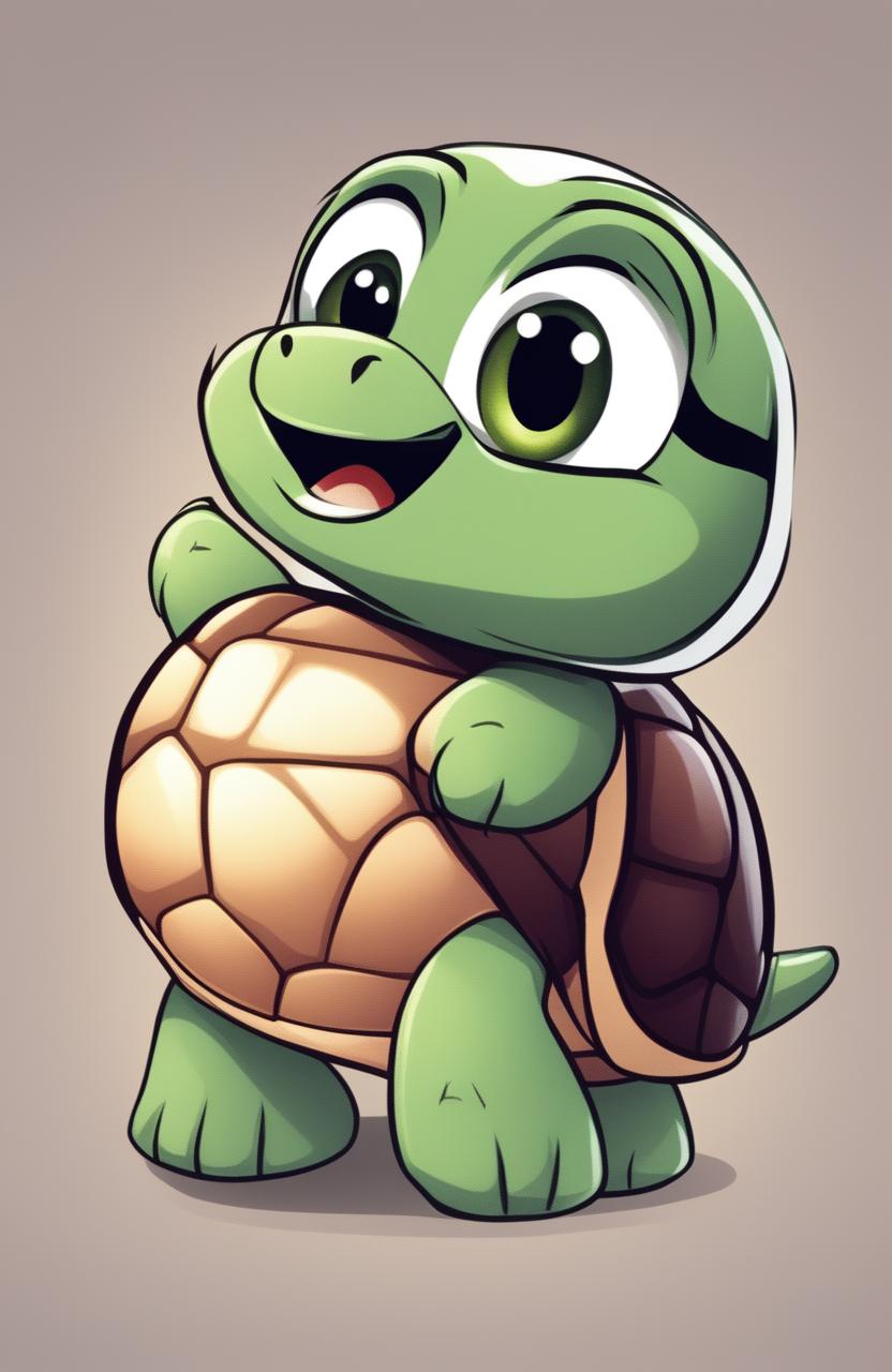 This is a high-quality digital art image of a friendly, cartoon-style turtle, depicted in a side view