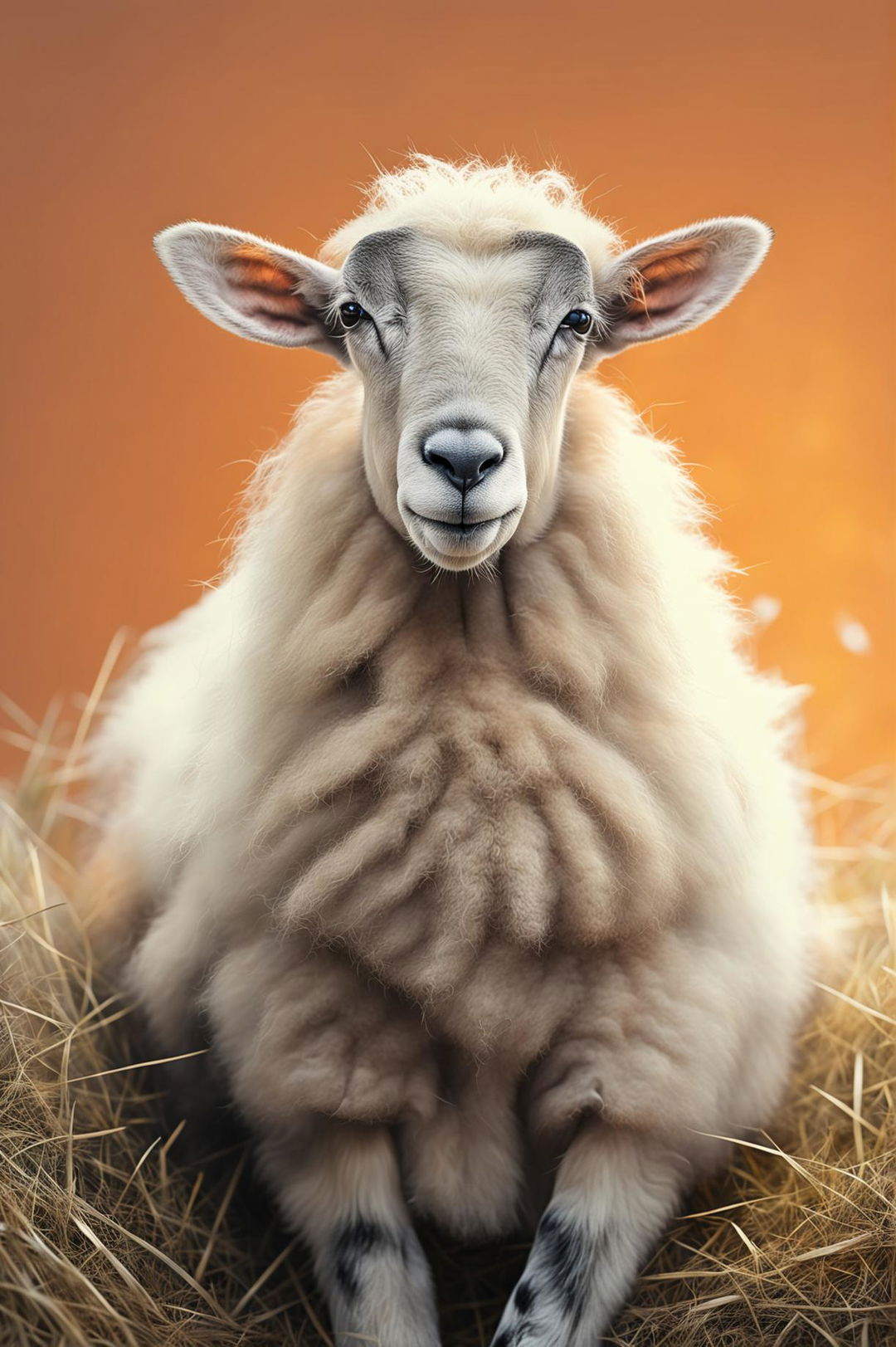 Digital art image featuring a realistic, detailed depiction of a sheep in a peaceful pose with a minimalistic background