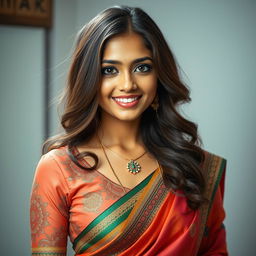A beautiful and attractive young woman dressed in a stunning blouse and traditional saree, showcasing intricate patterns and vibrant colors