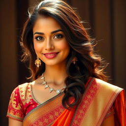 A beautiful and attractive young woman dressed in a stunning blouse and traditional saree, showcasing intricate patterns and vibrant colors