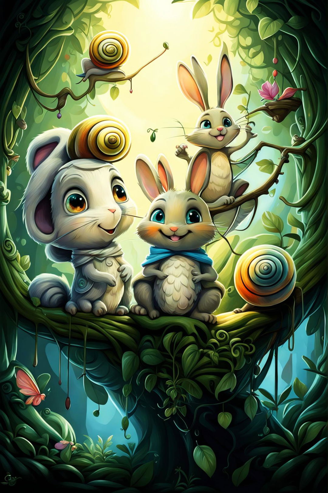 A high-quality digital art image featuring a cartoon-style snail and rabbit, and a stylized bat