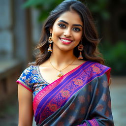 A beautiful and attractive young woman dressed in a stunning blouse and traditional saree, showcasing intricate patterns and vibrant colors