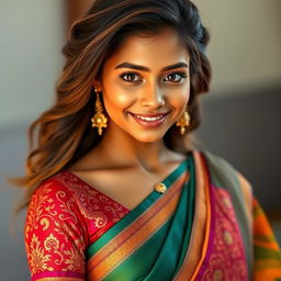 A beautiful and attractive young woman dressed in a stunning blouse and traditional saree, showcasing intricate patterns and vibrant colors