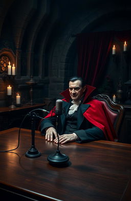 A dark Gothic room with intricate stone walls, dim candlelight casting flickering shadows