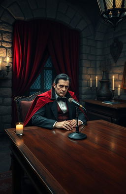 A dark Gothic room with intricate stone walls, dim candlelight casting flickering shadows