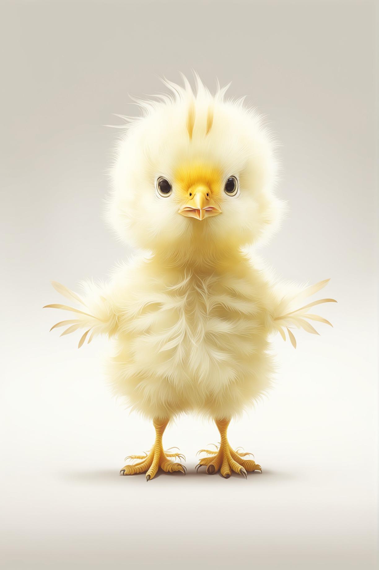 A high-quality digital art image of a cute, small chick with bright yellow feathers standing against a white background