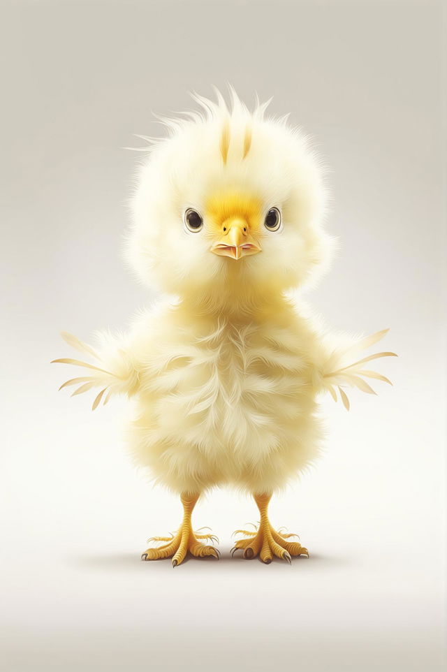 A high-quality digital art image of a cute, small chick with bright yellow feathers standing against a white background