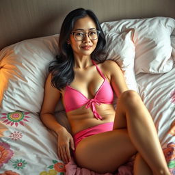 A middle-aged Asian woman lounging on a bed, wearing a bright pink bikini and stylish glasses