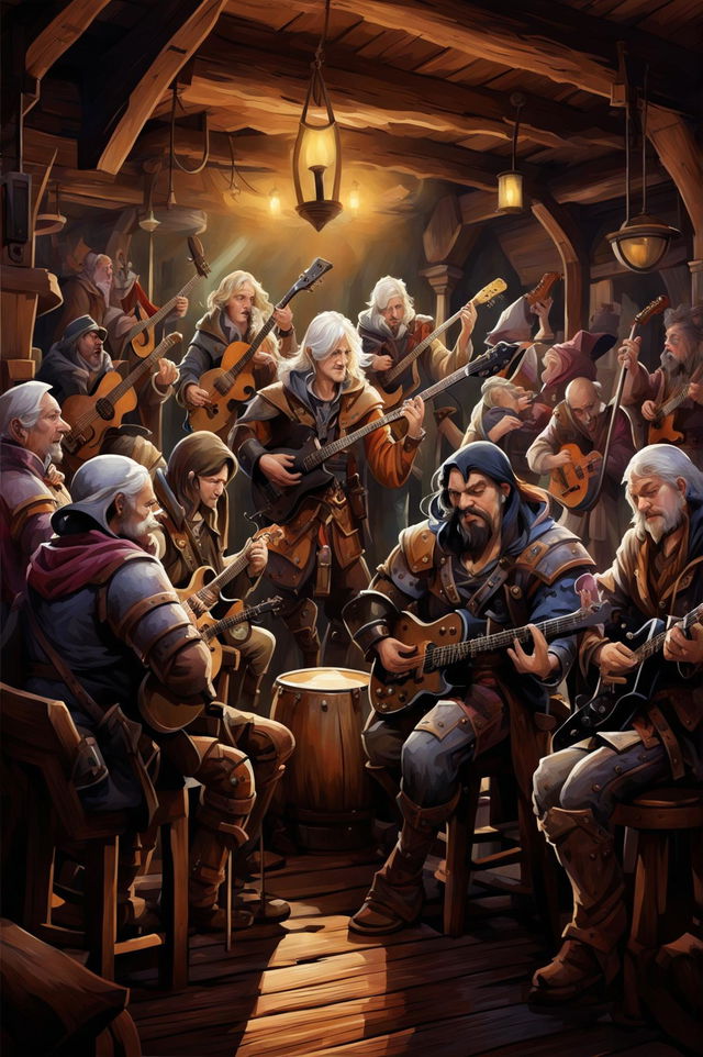 A high-quality digital art piece depicting a modern-day band playing Bardcore music in a medieval tavern setting