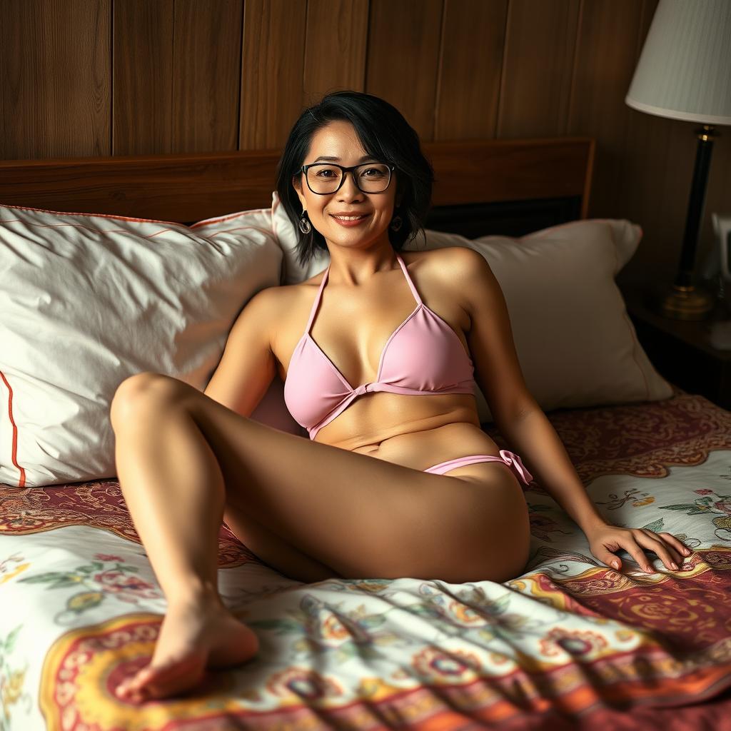 A middle-aged Asian woman resembling Lucy Liu, lounging on a bed in a cute pink bikini and fashionable glasses