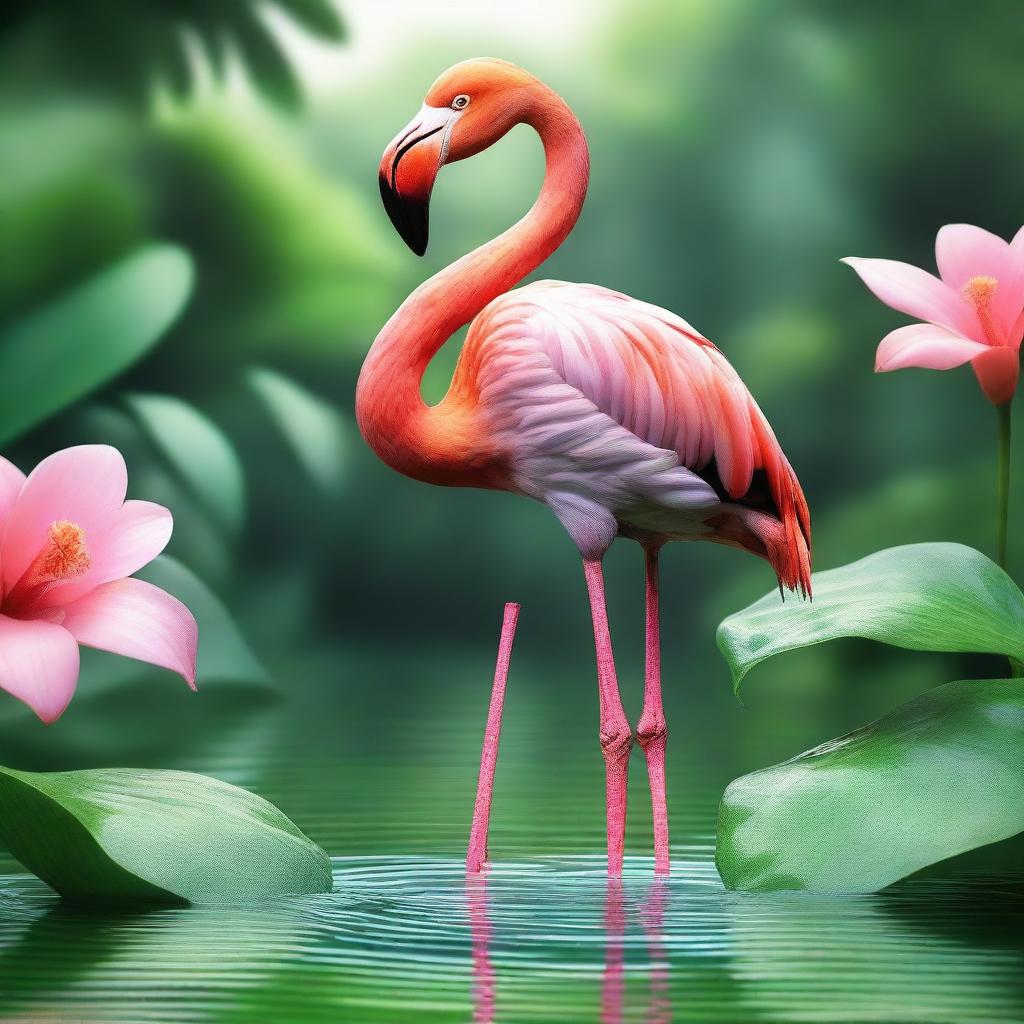 A high-quality digital art image depicting a vibrant flamingo in its natural habitat