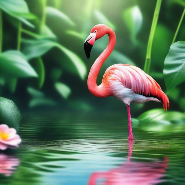 A high-quality digital art image depicting a vibrant flamingo in its natural habitat